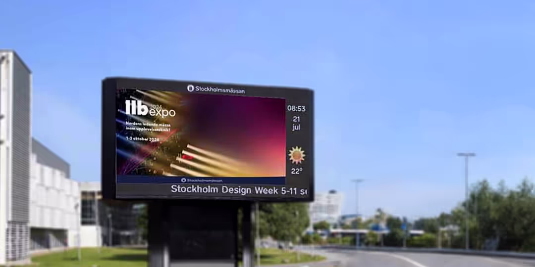 llb-expo-for-utstallare-oka-din-synlighet Digital utomhusskärm vid Stockholmsmässan som visar reklam för LLB Expo